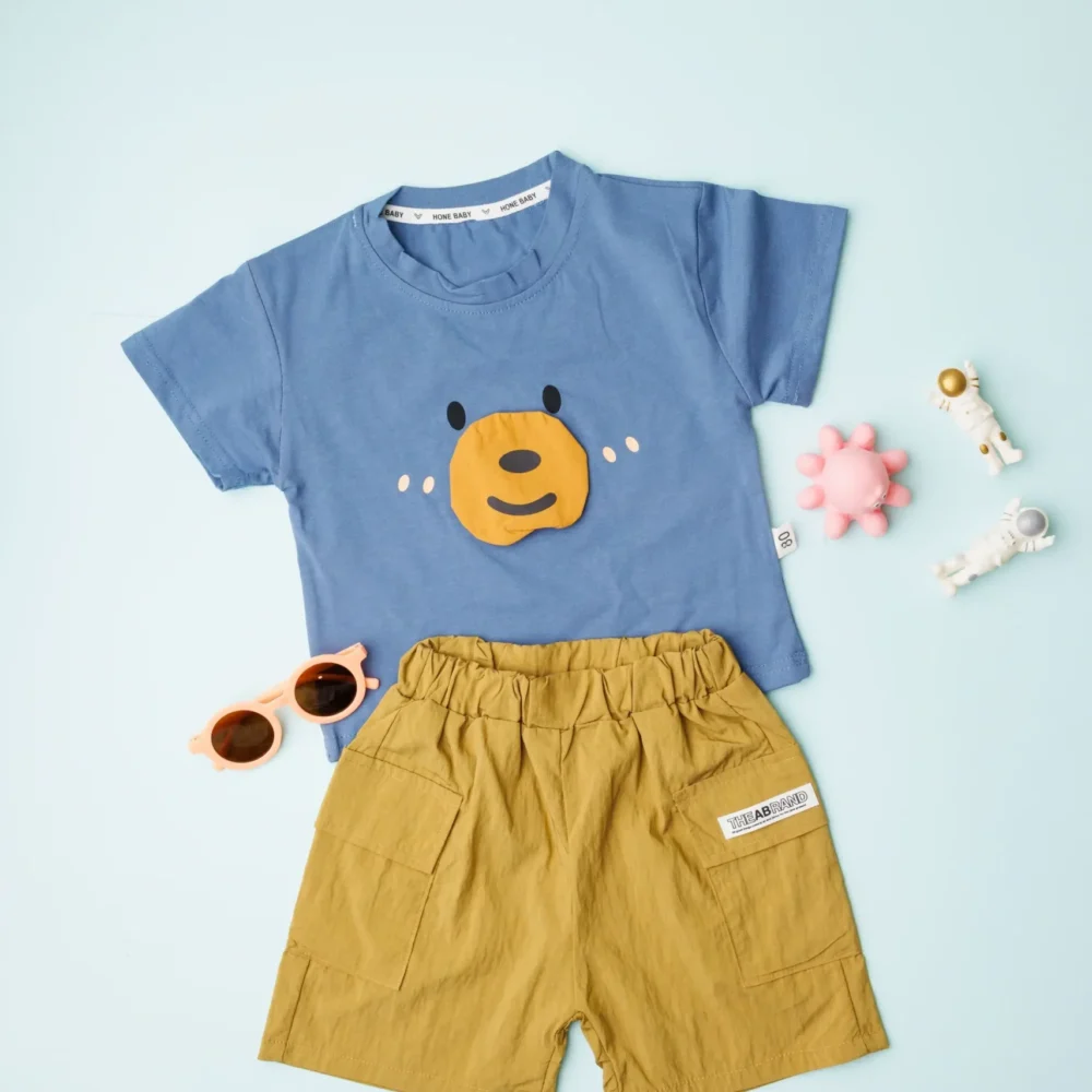 Half Sleeves T-Shirts & Short With Bear Applique