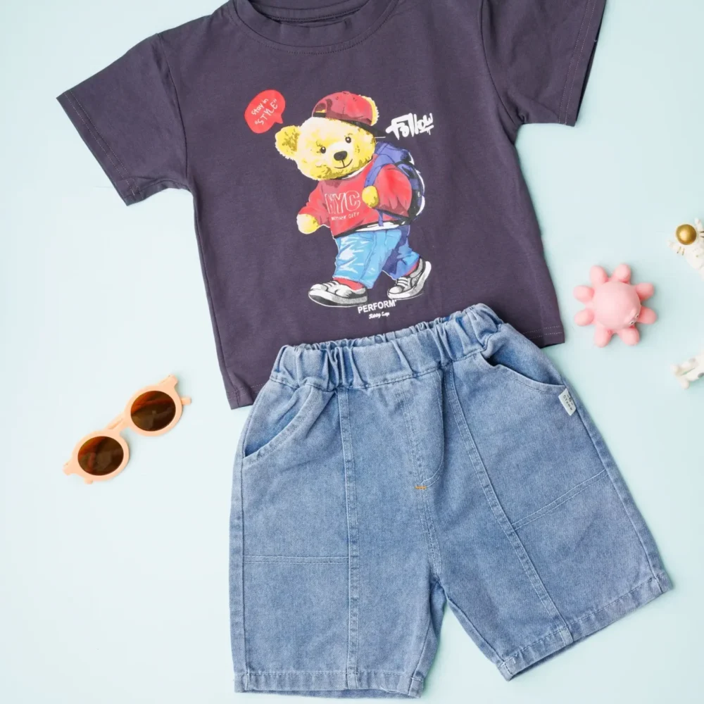 Cartoon Printed T-Shirt With Denim Shorts