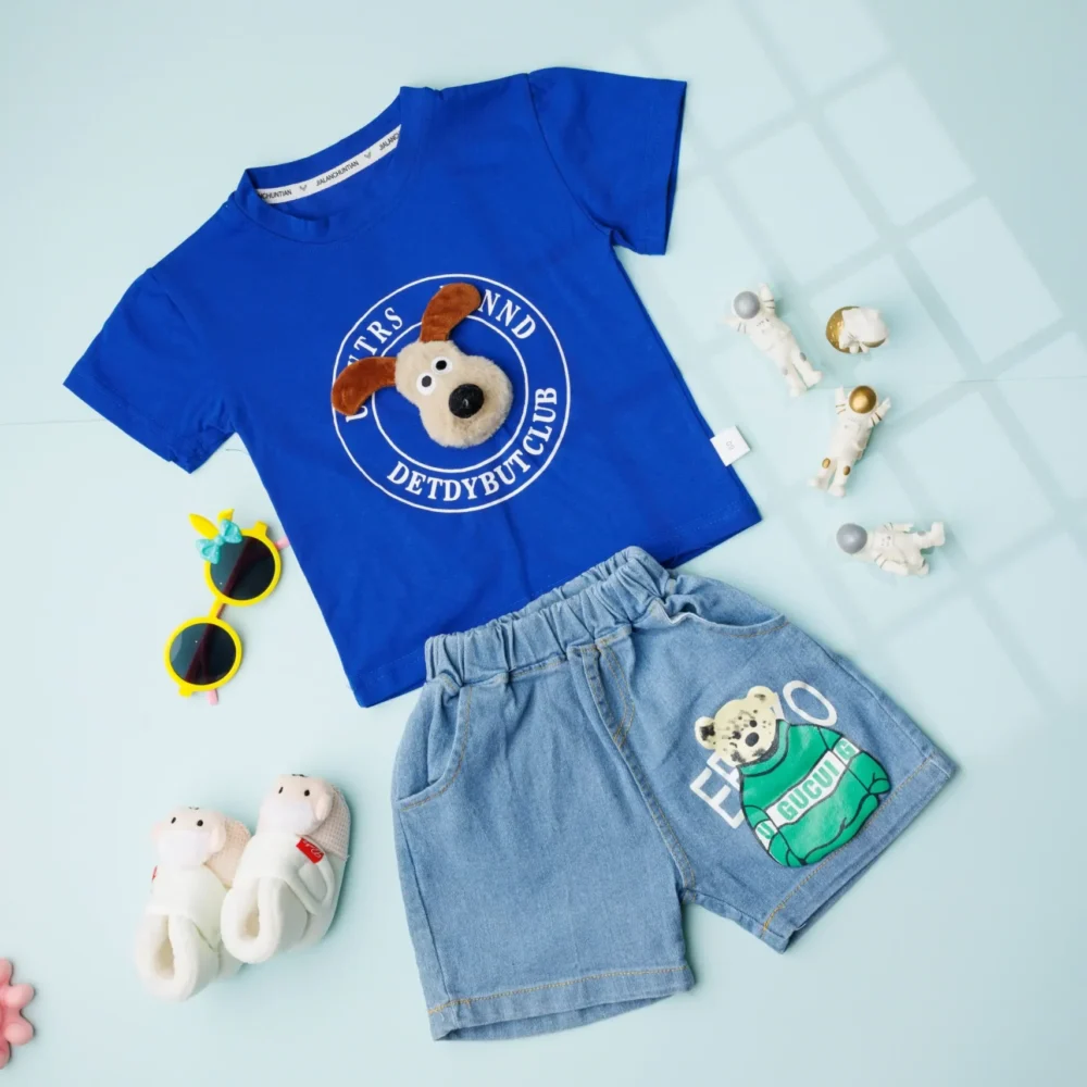 Cartoon Printed T-Shirt With Denim Shorts