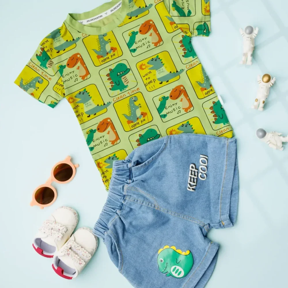 Dinosaur Print T-shirt with Denim Shorts Unisex