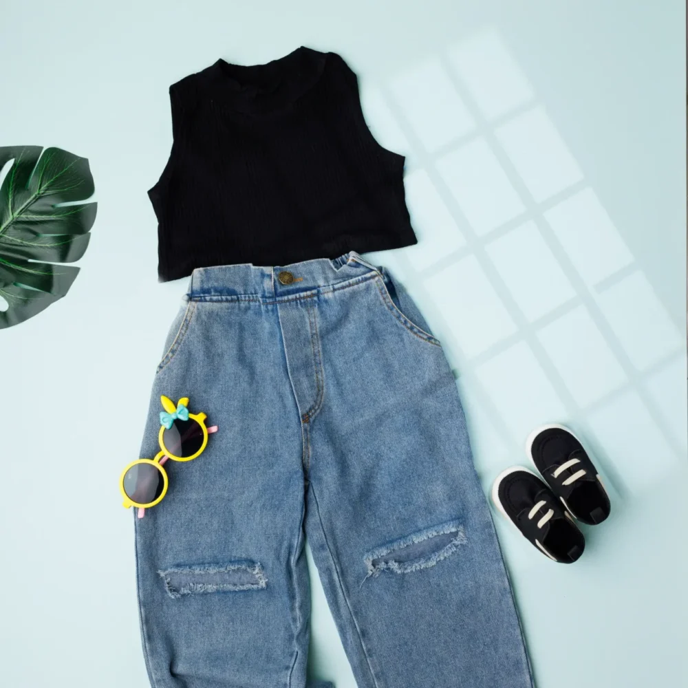 Black And Blue Distressed Top And Denim Jeans