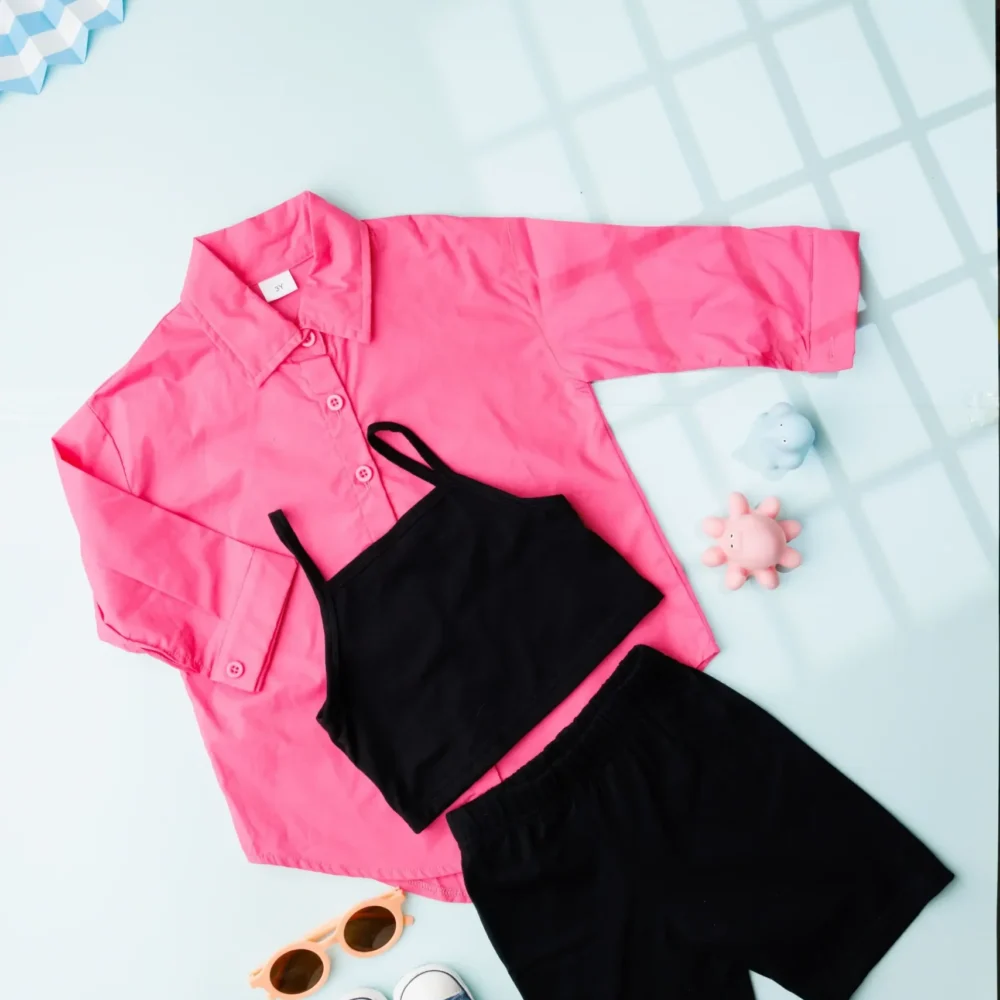 Girls Self Design Shirt With Camisole Top & Shorts