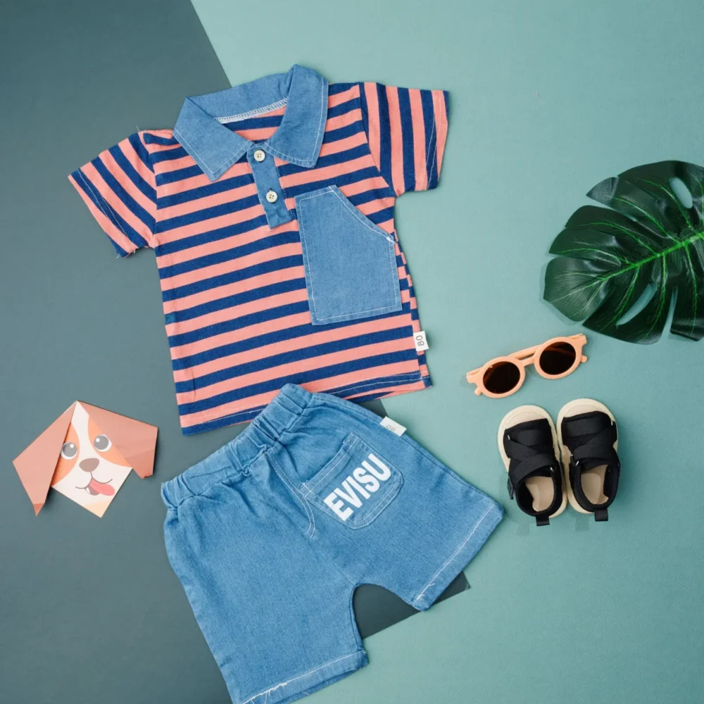 Striped Collar T-Shirt With Denim Short