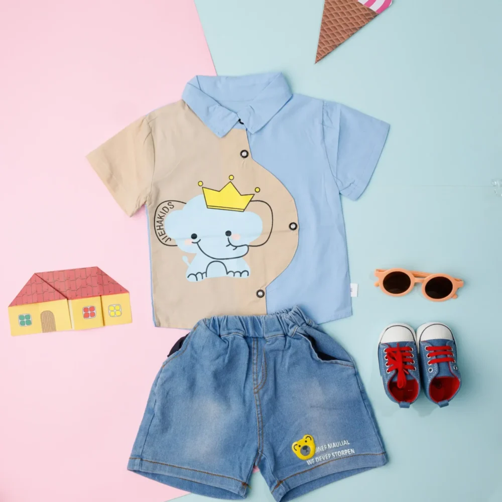 Animal Cartoon Print Shirt & Denim Shorts