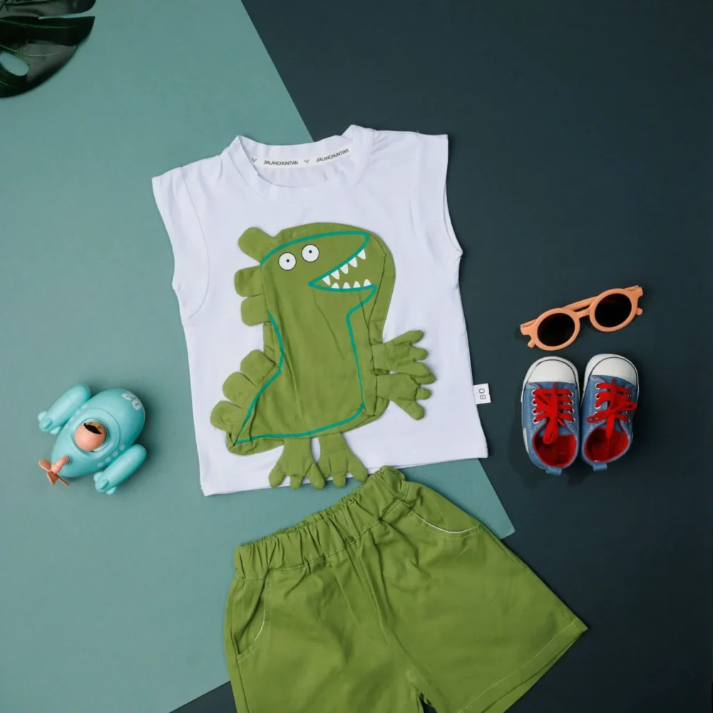 Short Sleeved Dinosaur Print Round Neck Top & Short