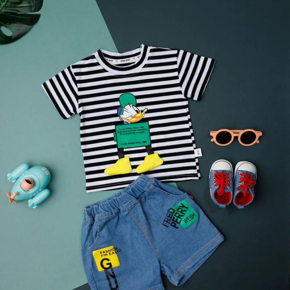 Unisex striped T-Shirt with Denim Shorts