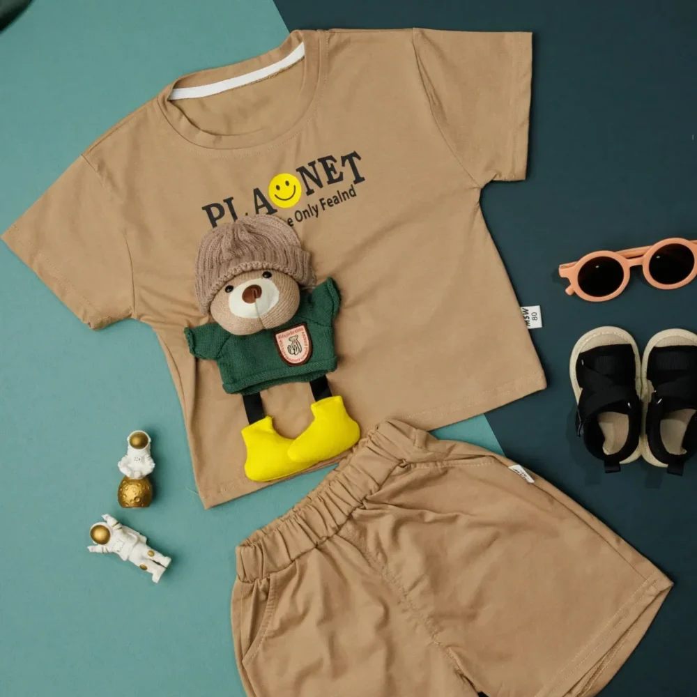 Cartoon Applique Short Sleeve Casual Cotton Outfit