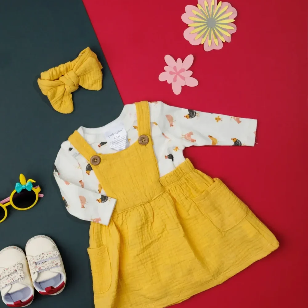 Girls Yellow Printed Cotton Dungaree Set