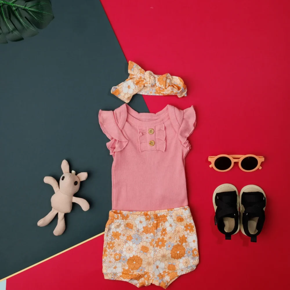 Baby Girl'S Cotton Ribbed Bodysuit With Floral Print, Headband