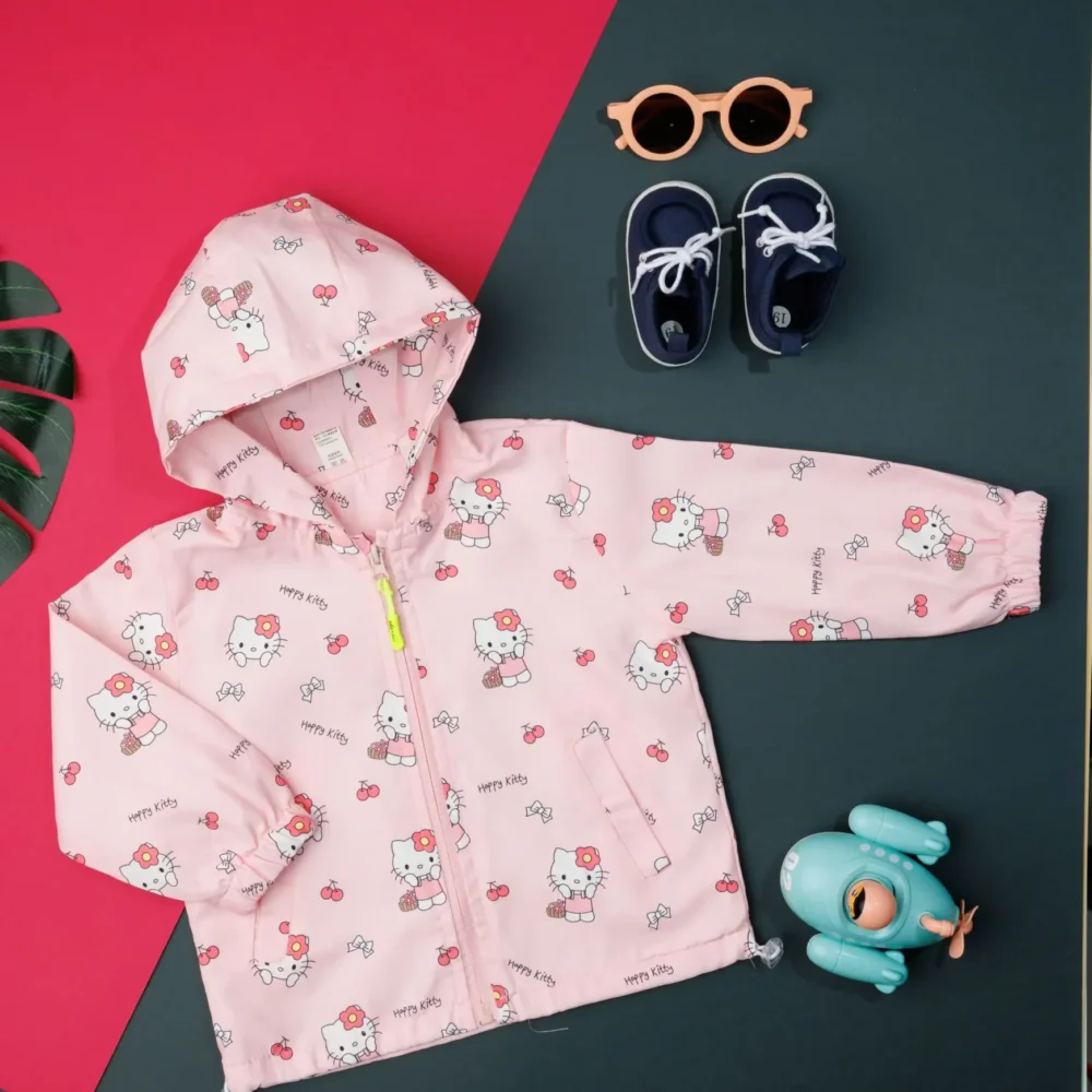 Full Sleeves Hooded Jacket Pink Happy Kitty  Print