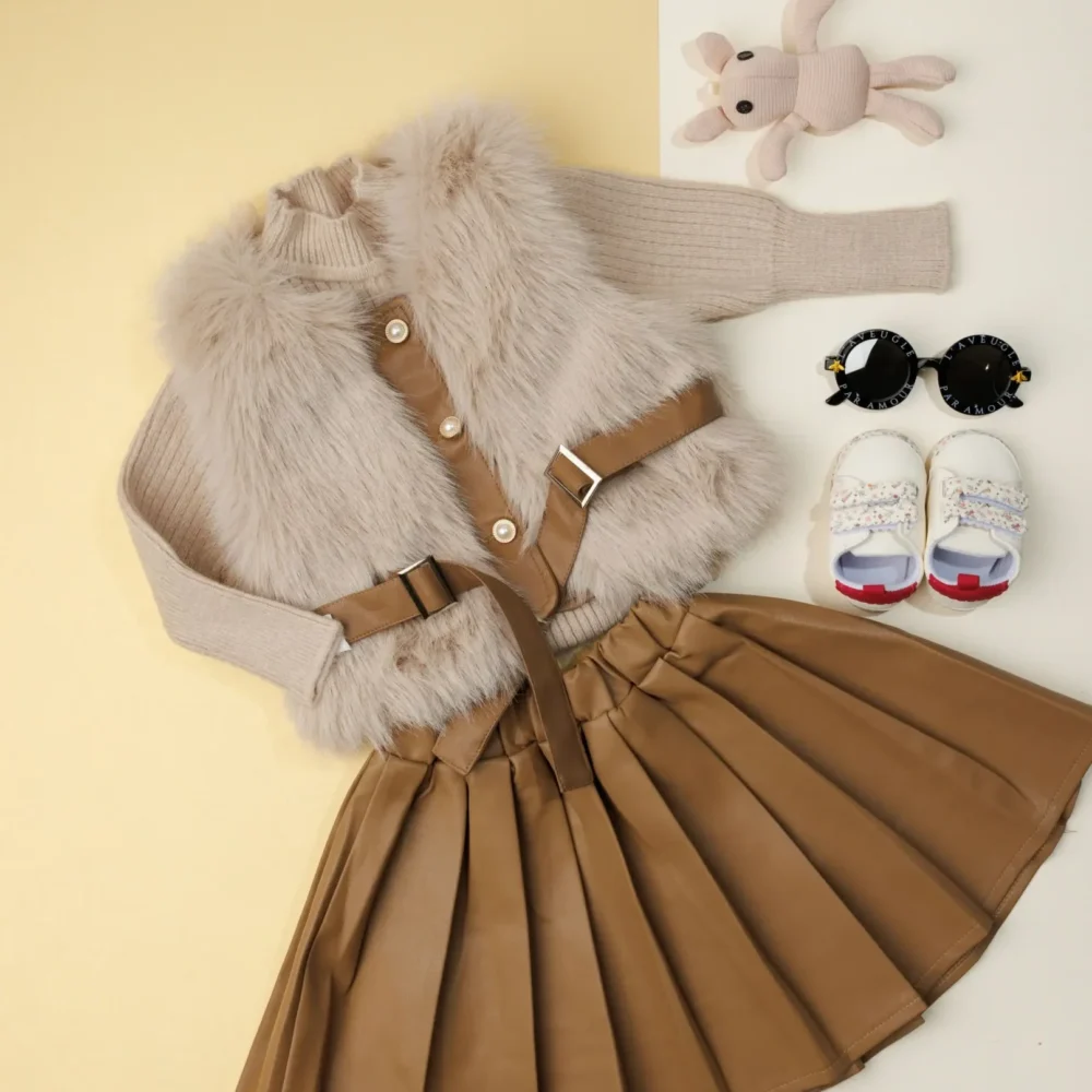 Leather Skirt With Fur Sleeveless Coat Set