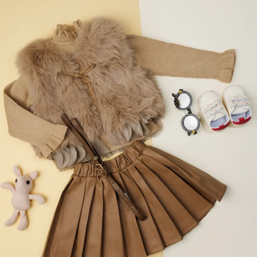 Leather Skirt With Fur Sleevesless Coat Set