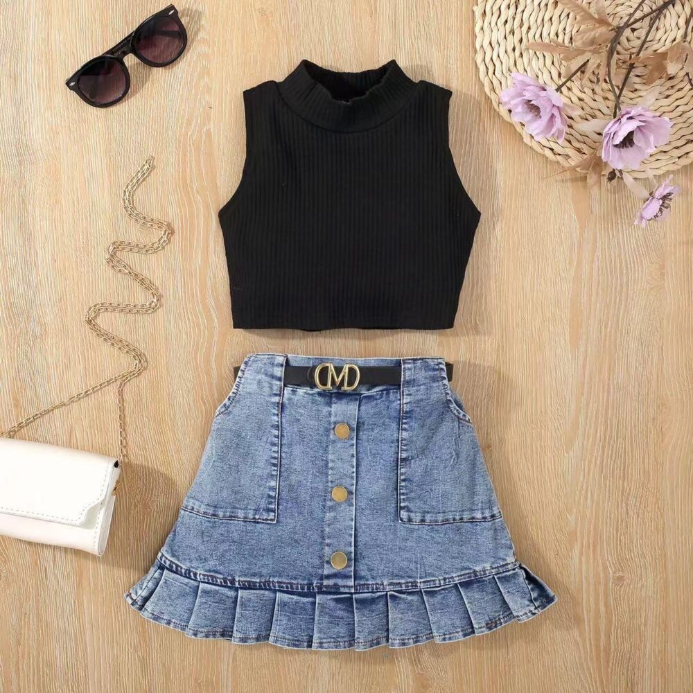Solid Sleeveless top And Denim Skirt