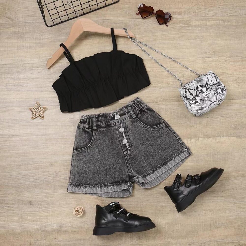 Self Design Shoulder Straps Top With Denim Shorts