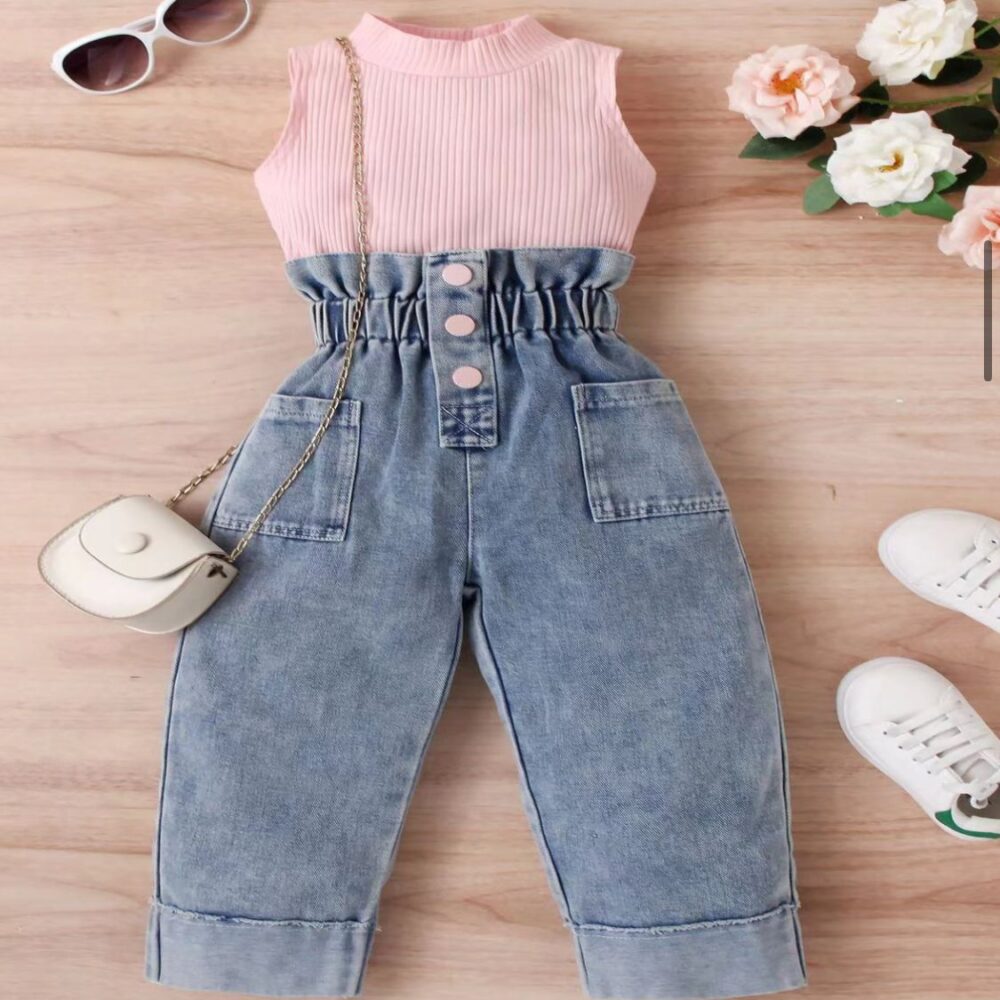 Striped Sleeveless Round Neck Top With Denim Trousers