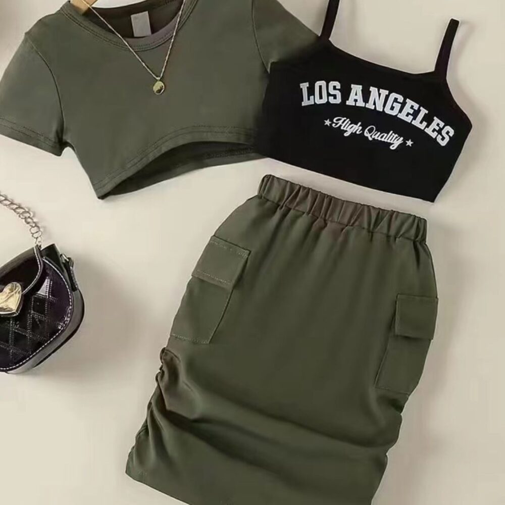 Outfit Letter Print Camisole Skirt Set With Tee Shirt Army Green 3 pcs