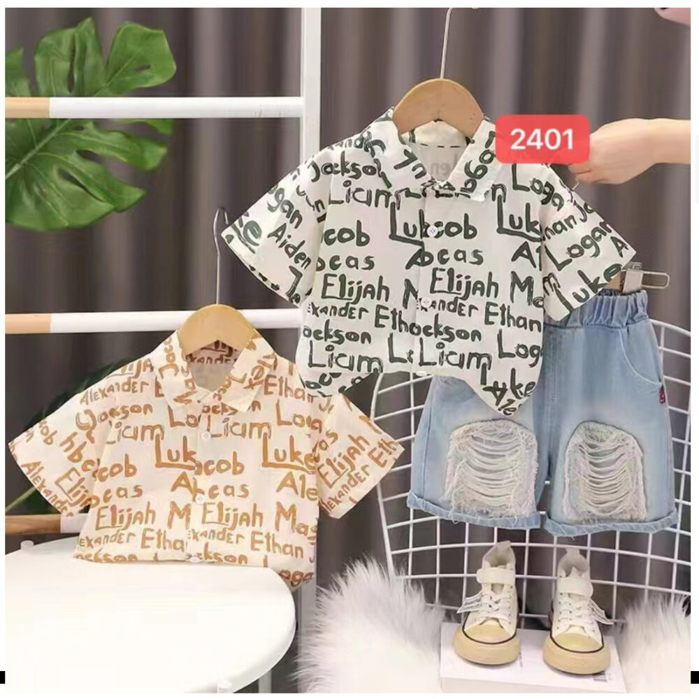 Text Print Shirt And Denim Shorts