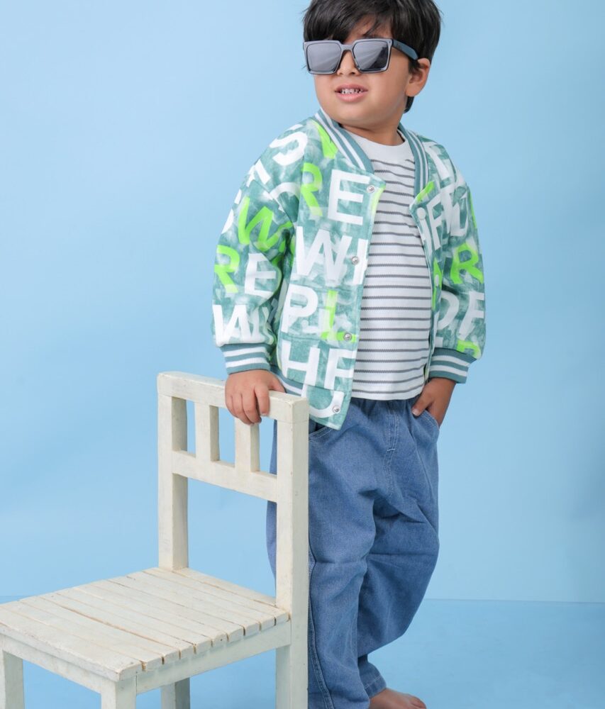 Text Print Jacket,  Inside Striped T-Shirt And Jeans Set