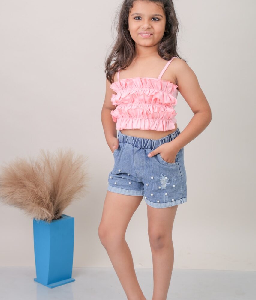 Girls Crop Top With Denim Shorts