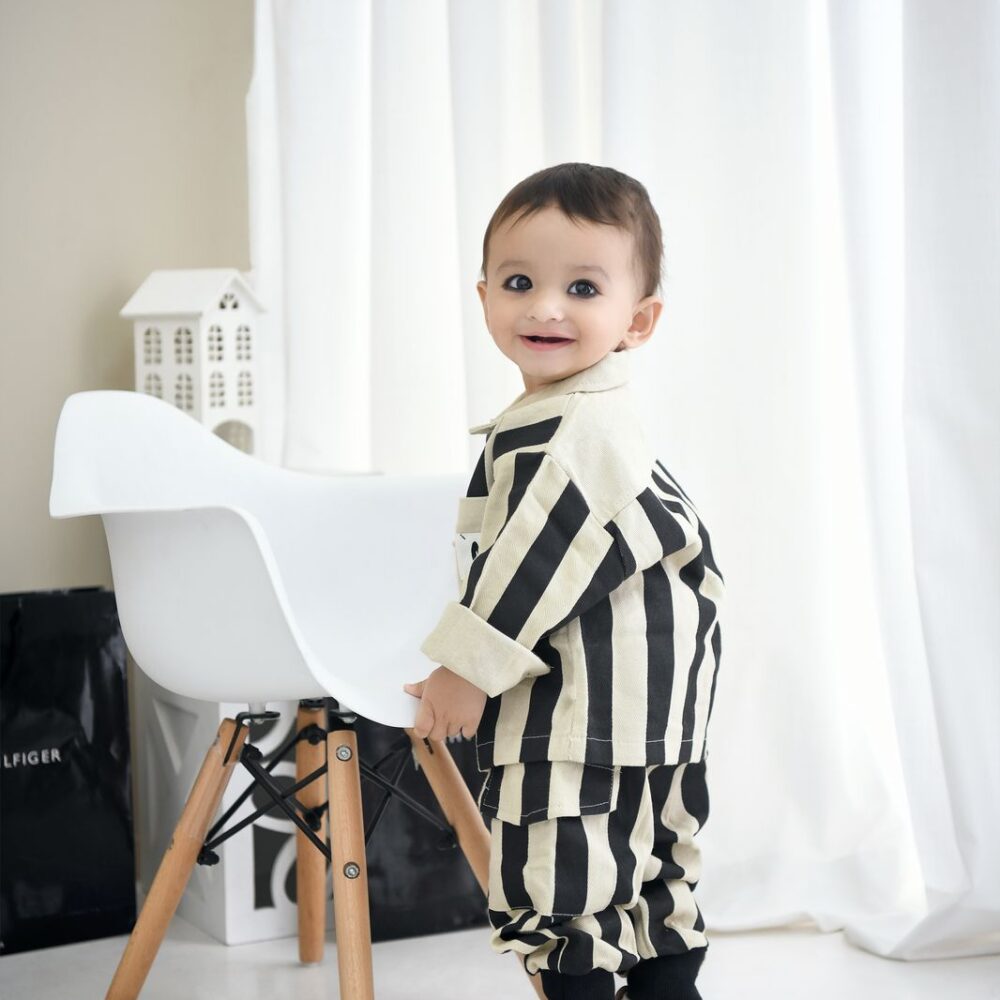 Striped denim shirt with striped denim cargo